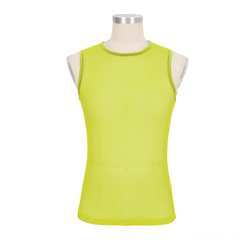Neon yellow gothic mesh tank top displayed on dress form front view