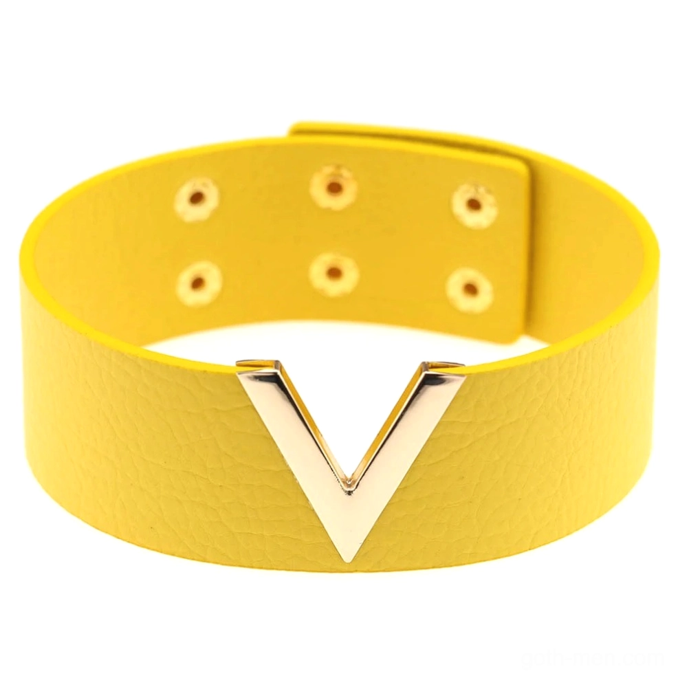 Yellow leather V-choker with gold metal accent - colorful gothic punk choker
