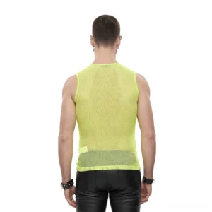 Yellow see-through mesh sleeveless tank top rear view on model