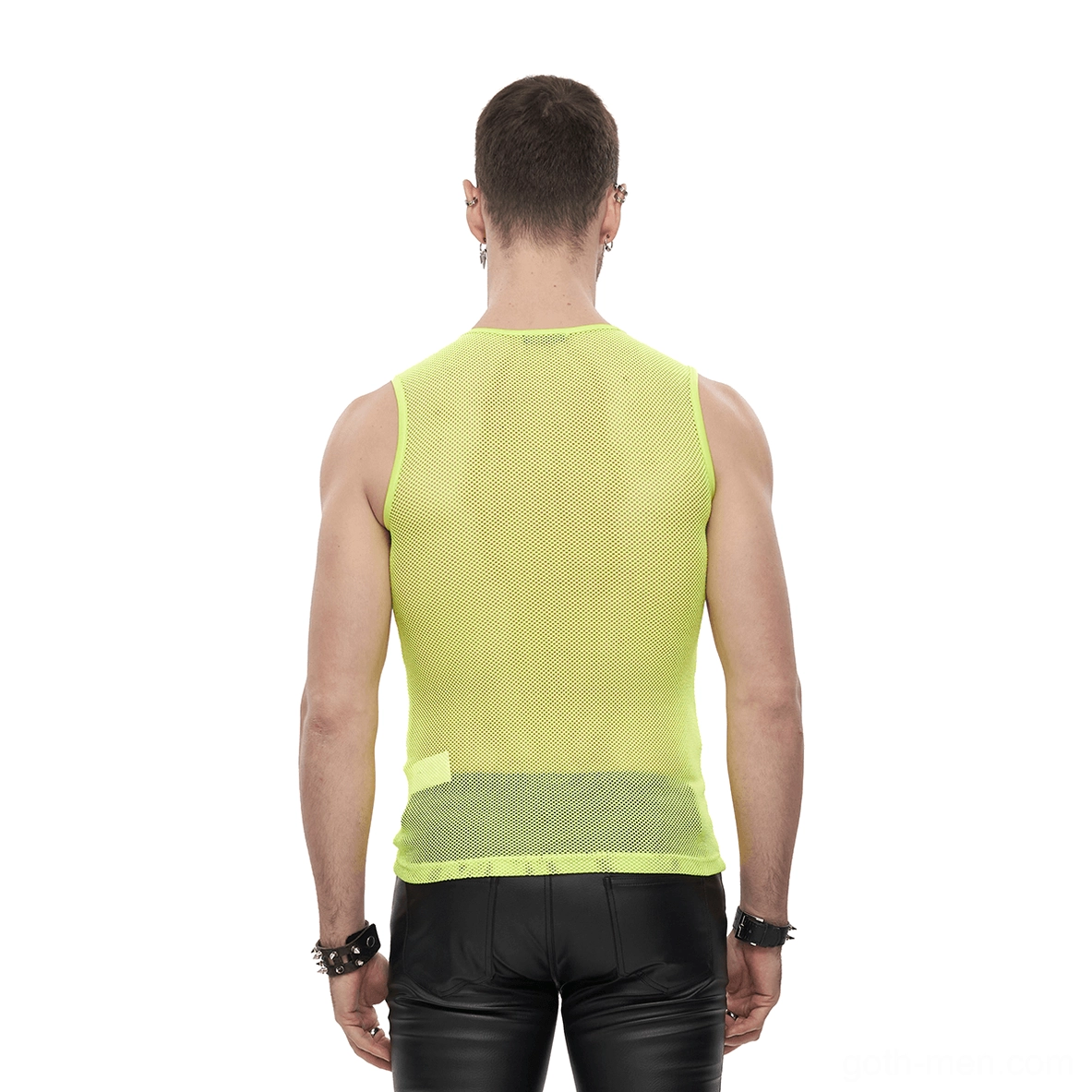 Yellow see-through mesh sleeveless tank top rear view on model