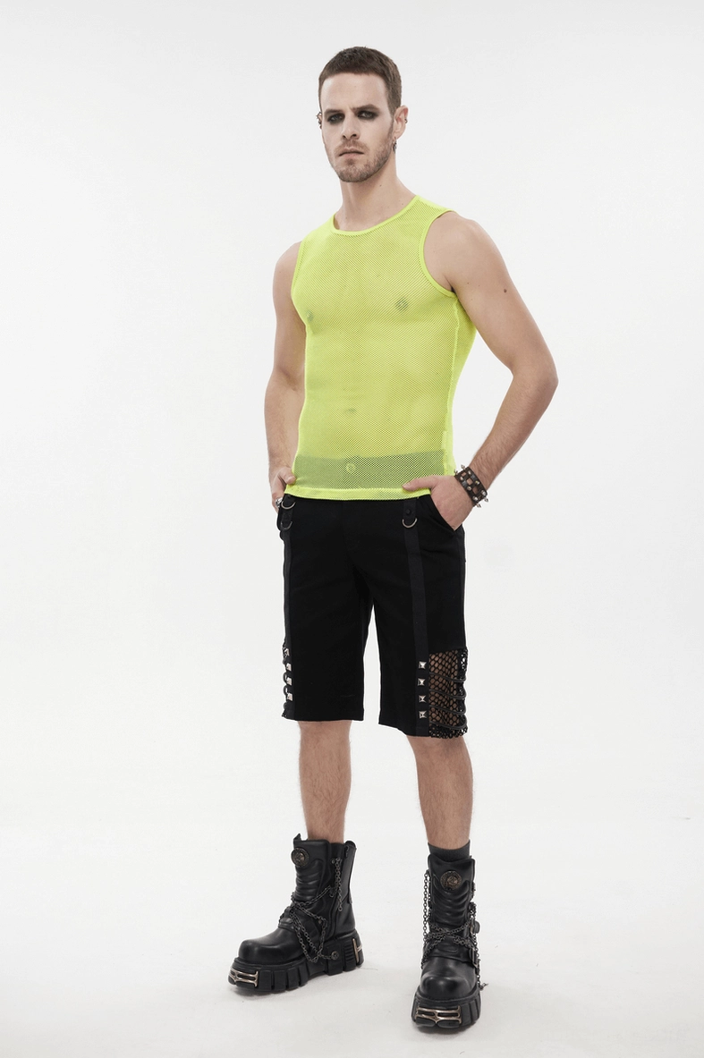 Yellow mesh sleeveless tank top close-up of round neckline construction
