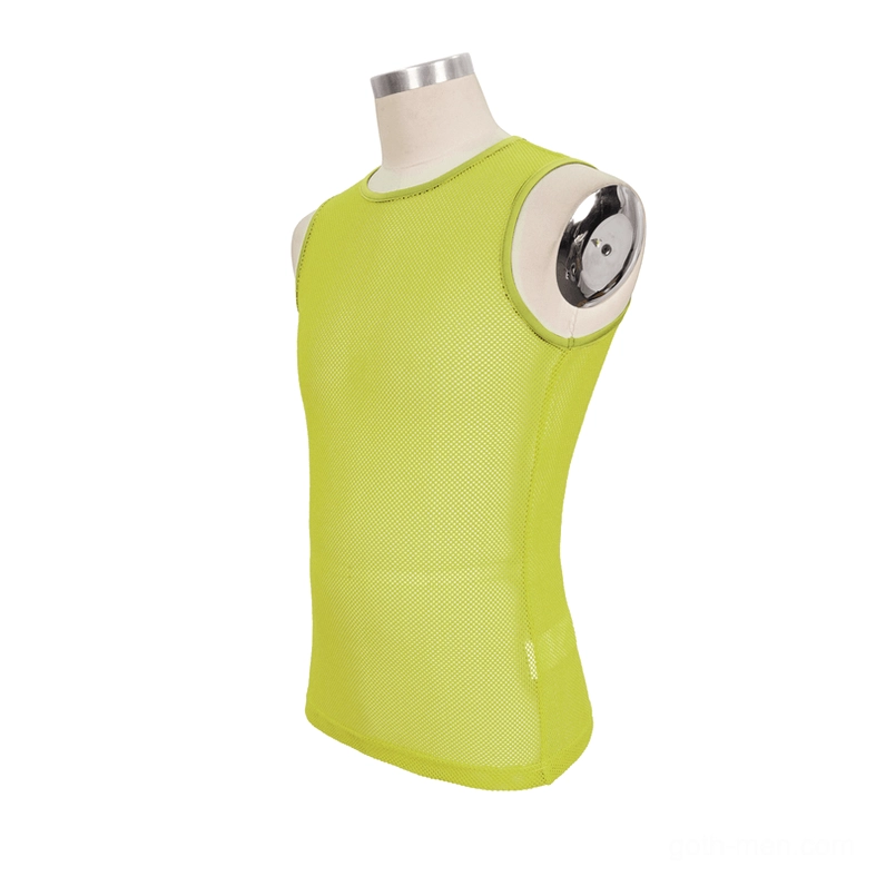 Yellow mesh sleeveless tank top left side view on dress form