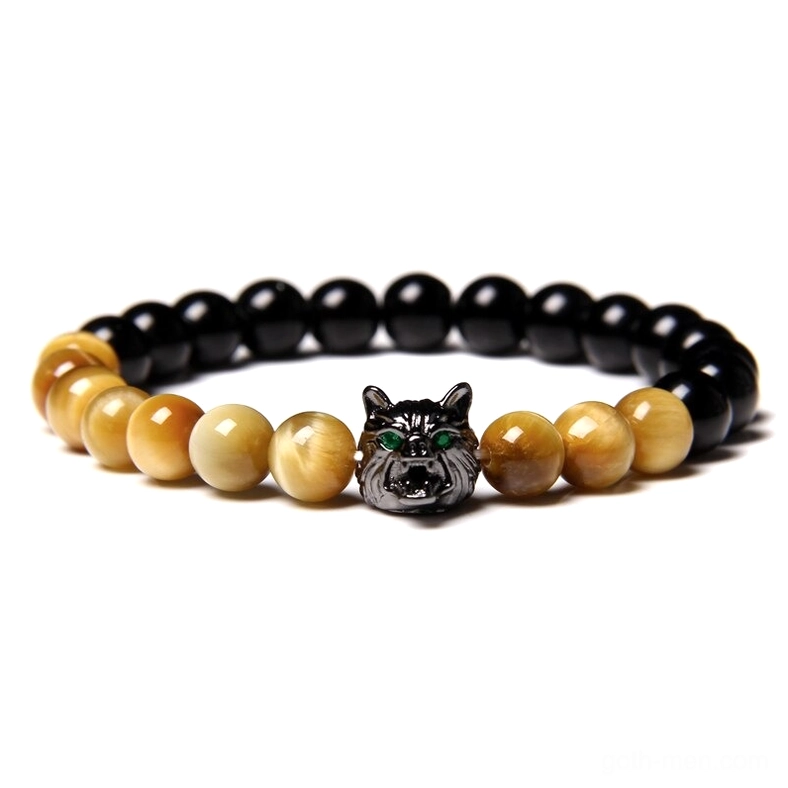 Yellow natural stone wolf charm bracelet, elastic beaded gothic jewelry with mineral variations