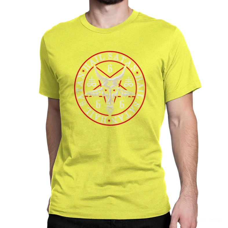 Bright yellow occult pentagram t-shirt on model - contrasting gothic statement with hail satan print