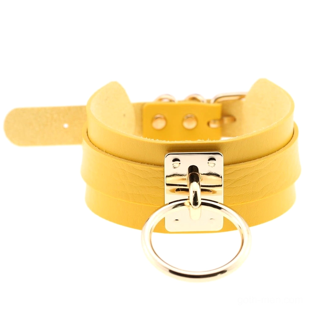 Yellow PU leather bondage choker with adjustable fit and gold hardware, bold alternative jewelry