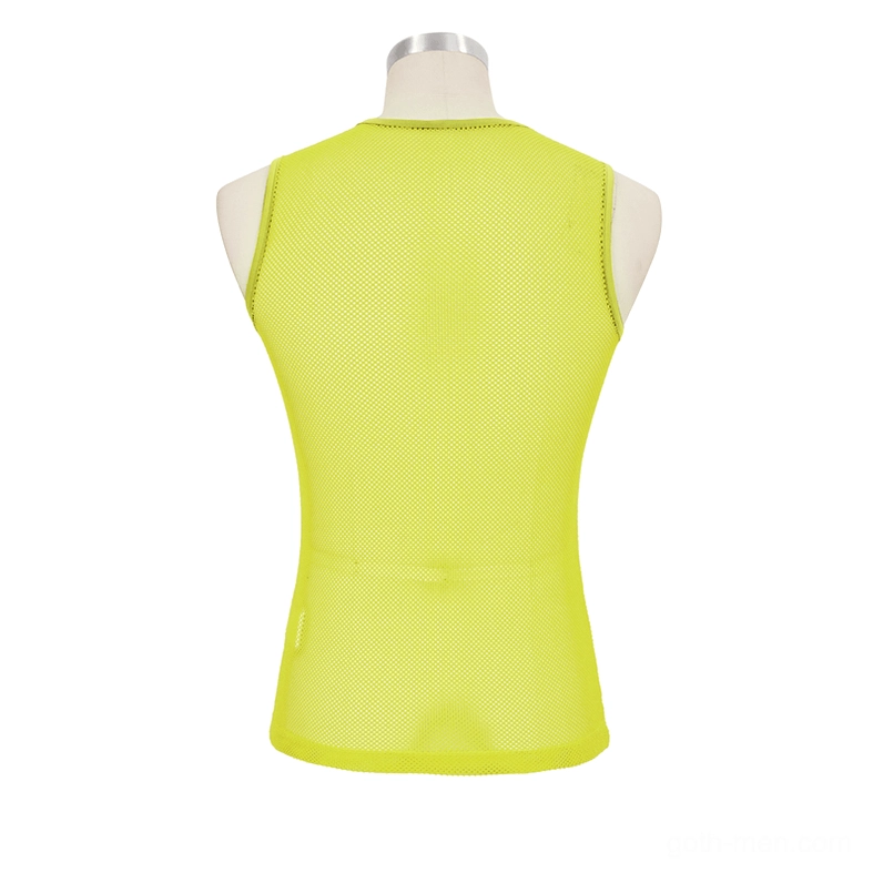 See-through yellow mesh tank top rear view on dress form showing slim fit