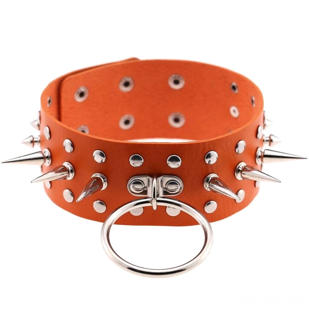 Yellow PU leather oversized spiked choker front view with metal spike and O-ring details