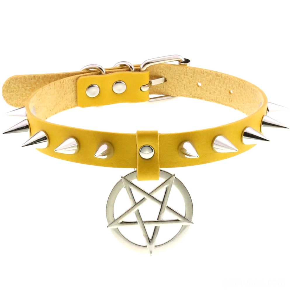 Yellow leather spiked choker with pentagram charm and silver metal accents, alternative jewelry