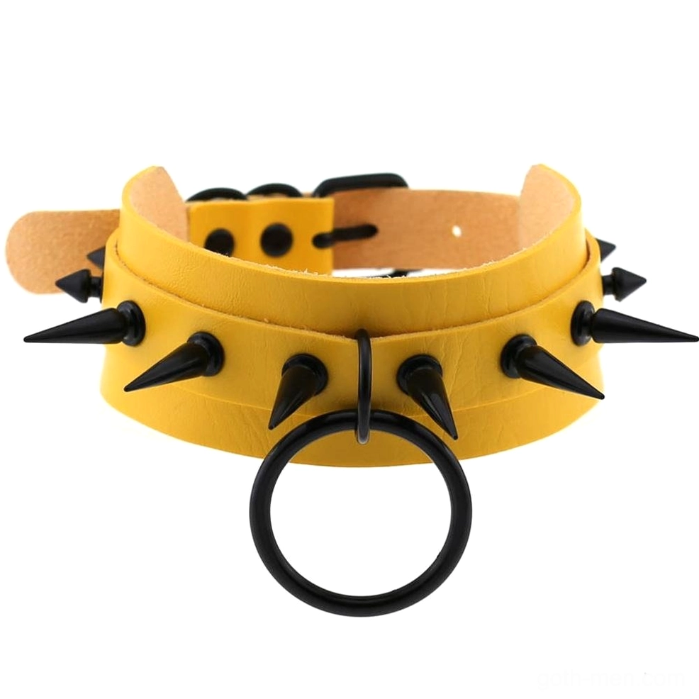 Yellow spiked leather choker with black metal studs - bold gothic punk neck collar