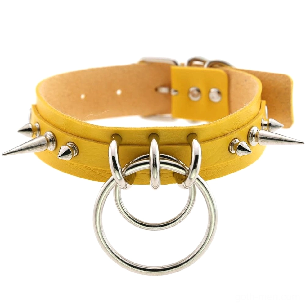 Yellow spiked PU leather choker with metal spike studs and adjustable buckle closure