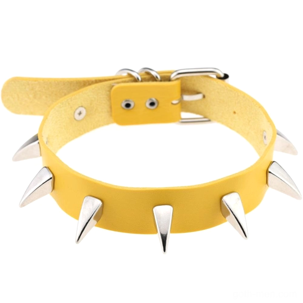 Yellow spiked leather choker with silver rivets vibrant alternative accessory