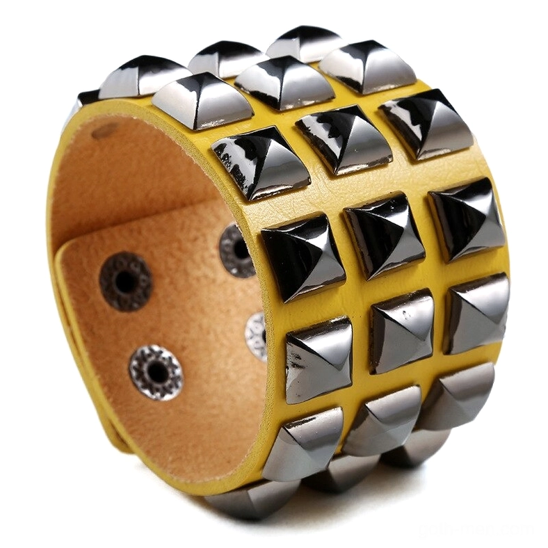 Yellow studded leather cuff bracelet with silver pyramid studs - gothic punk style