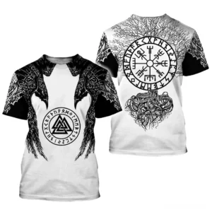 Vegvisir compass and Yggdrasil world tree print on back of gothic Viking t-shirt, monochromatic Norse mythology design on white broadcloth