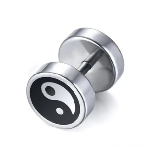 Yin Yang stud earrings with Tai Chi pattern, polished stainless steel, close-up top view showing black and white dumbbell design