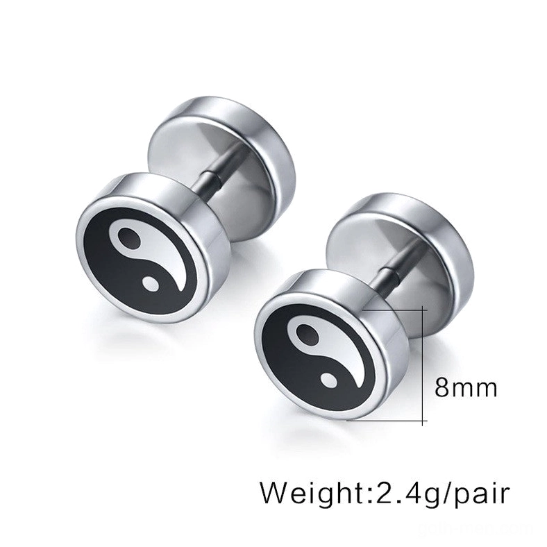 Black and white yin yang earrings flat lay with specifications, 8mm diameter stainless steel studs, 2.4g per pair weight