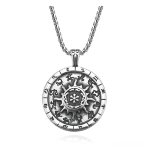 Zodiac wheel gothic titanium amulet pendant necklace overhead close-up view showing all 12 zodiac constellations embossed with central sun motif